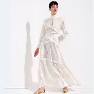 Carol Bassi Cream Rosa Perla Ruffle Long Sleeve Boho Romance Maxi Dress 36 S